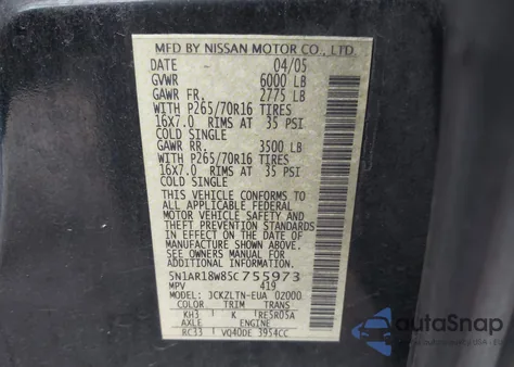 2005 Nissan Pathfinder Se z USA, uszkodzony, nr VIN 5N1AR18W85C755973